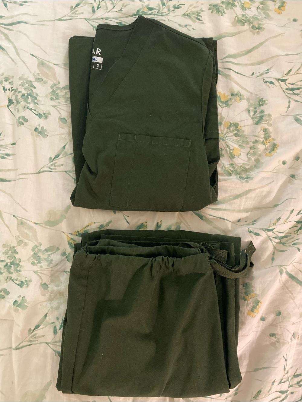 Like-new ADAR Dark Olive Green Medical Scrub Set - V-Neck Top & Drawstring Pants